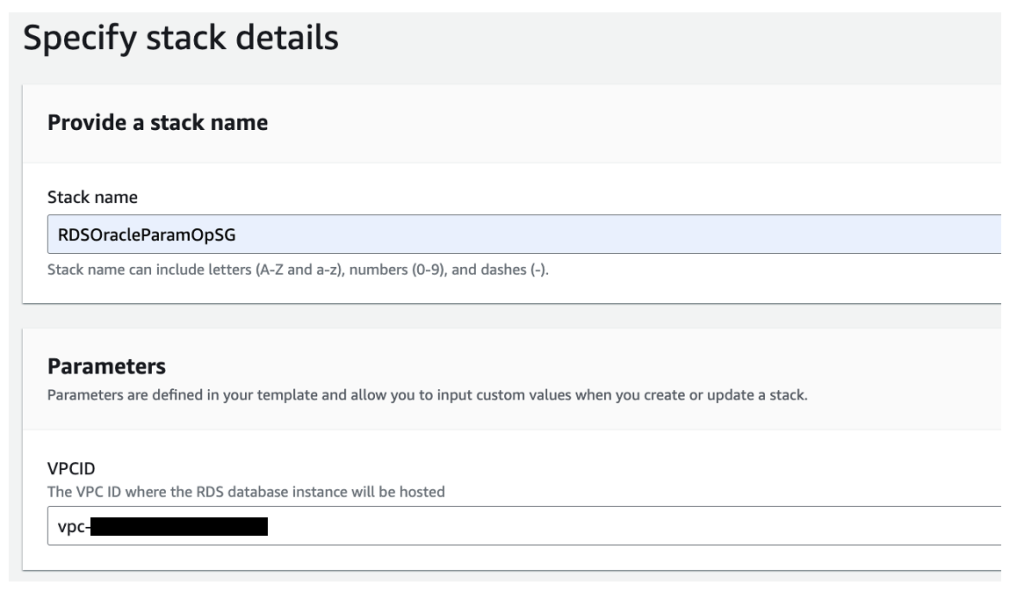 AWS CloudFormation stack name and parameter inputs