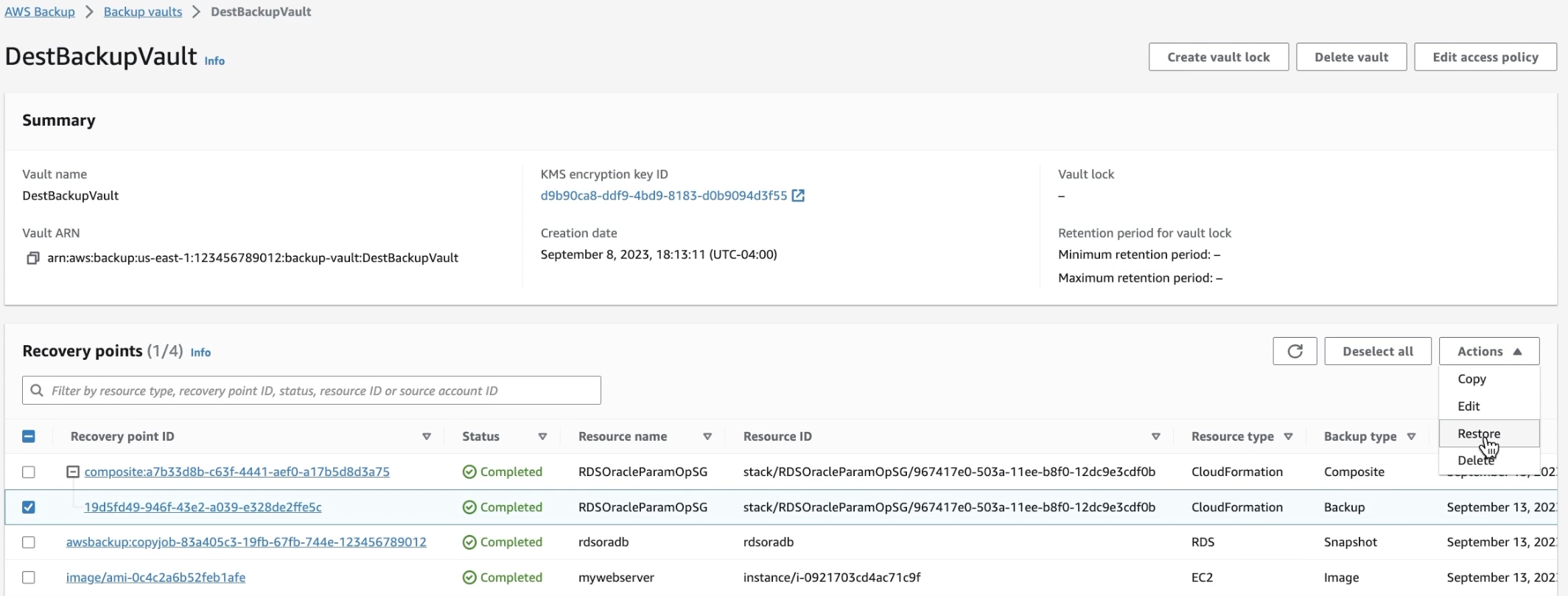 AWS Backup restore of CloudFormation template in destination account
