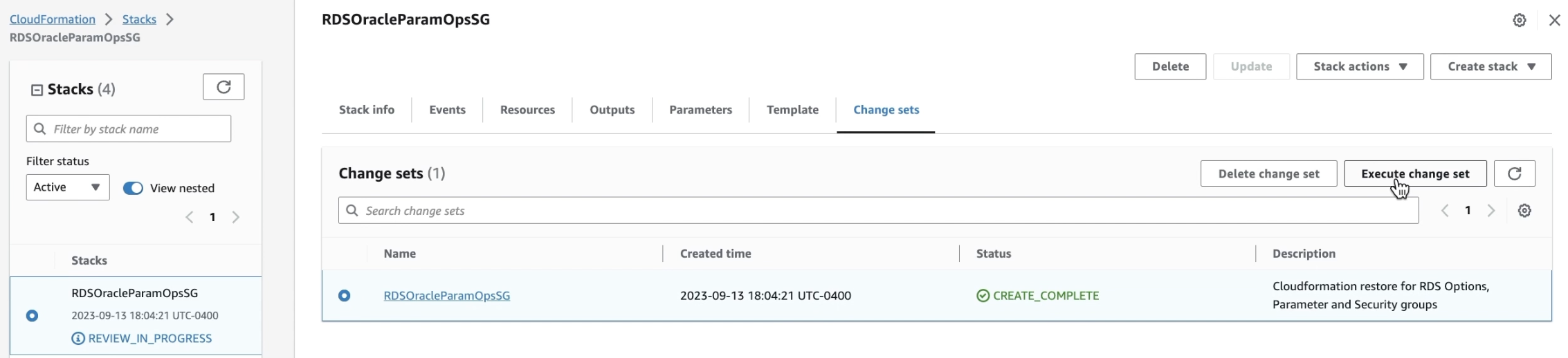 AWS CloudFormation change set restore