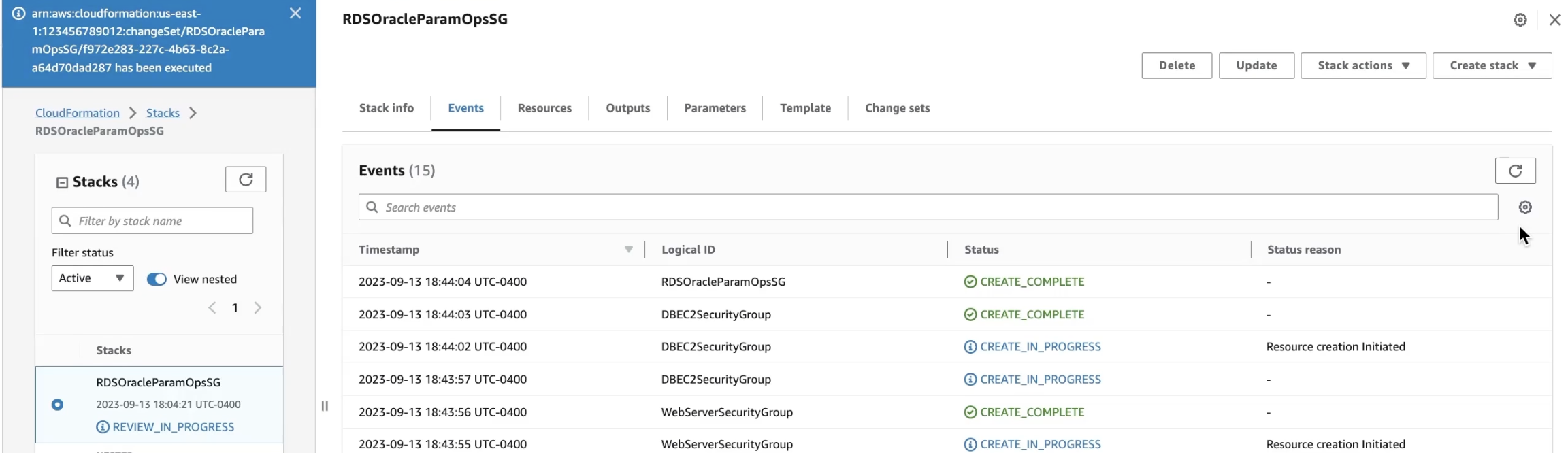 AWS CloudFormation change set restore complete