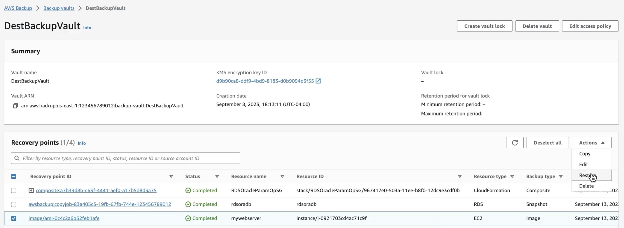 AWS Backup restore of EC2 instance in destination account