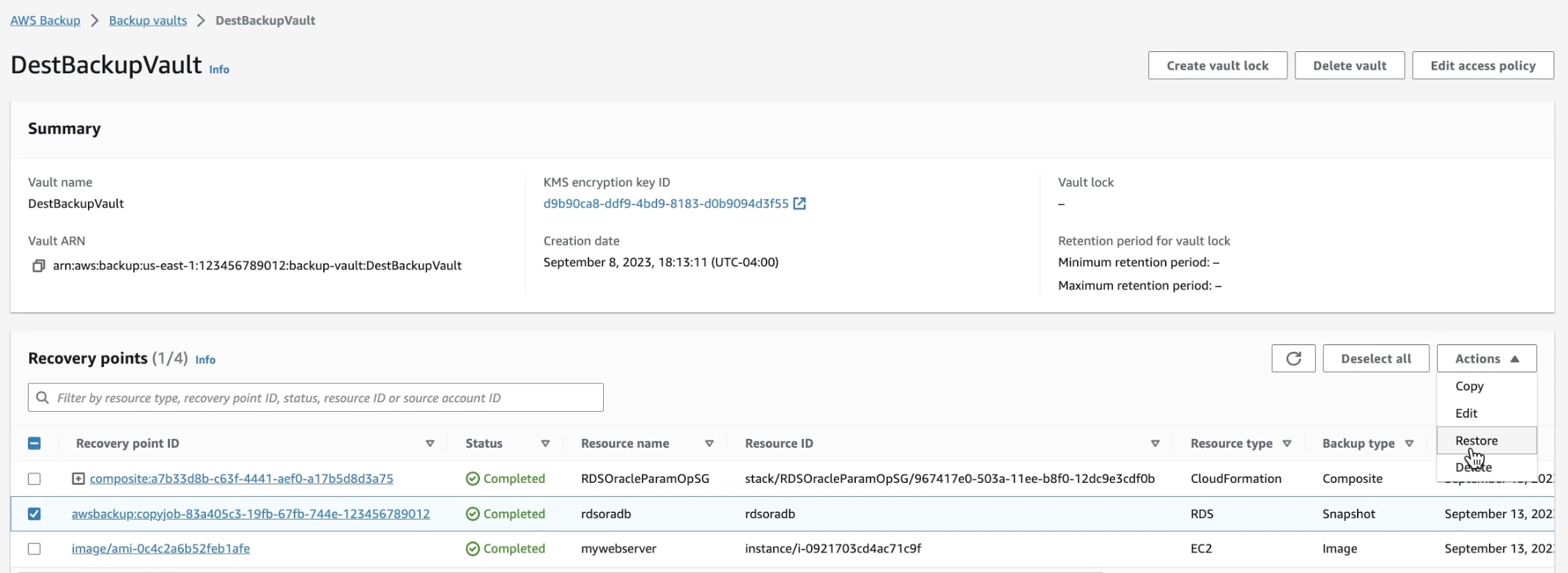AWS Backup restore of RDS for Oracle database in destination account