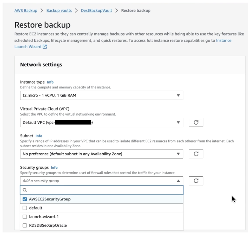 AWS Backup restore of EC2 instance in destination account