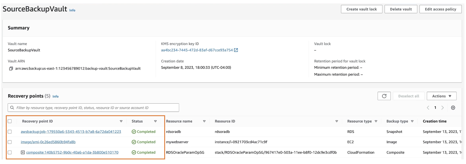 AWS Backup source account vault backup completion