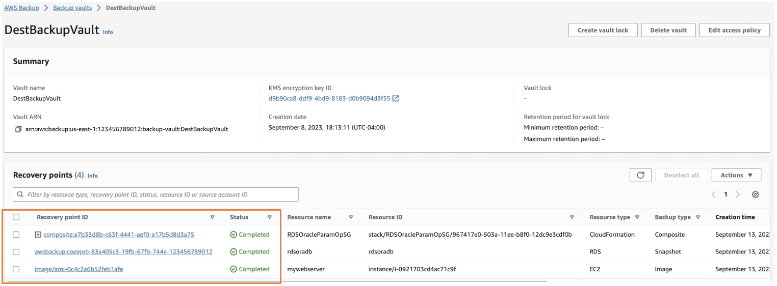 AWS Backup destination account vault backup completion