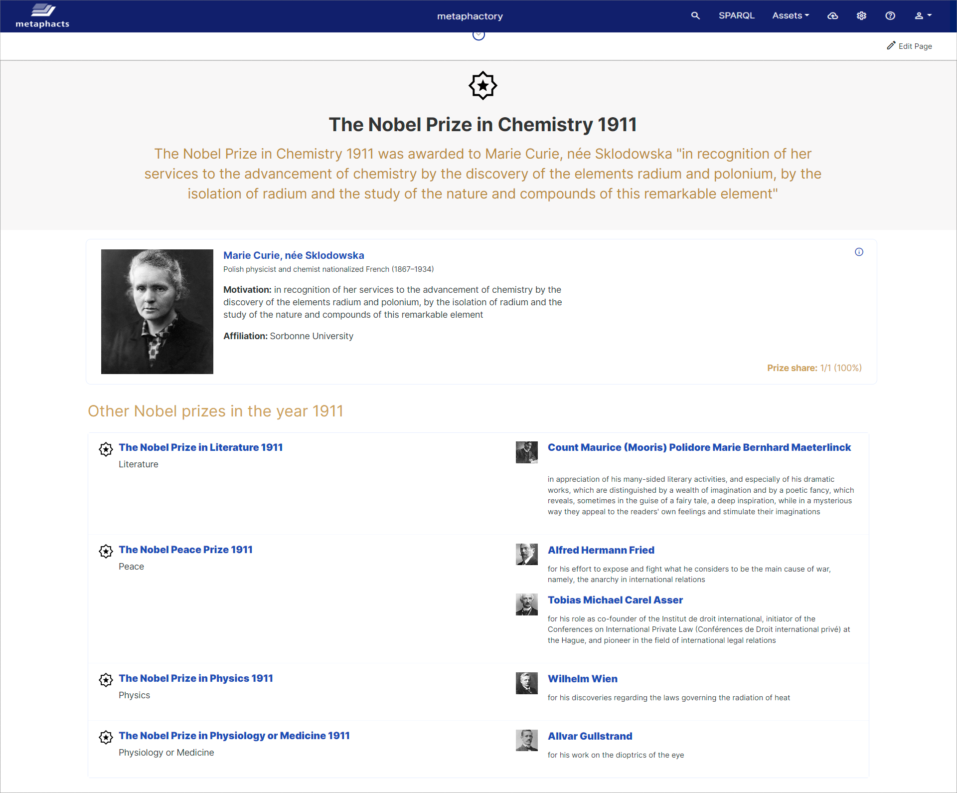 Marie Curie page now including Nobel prize