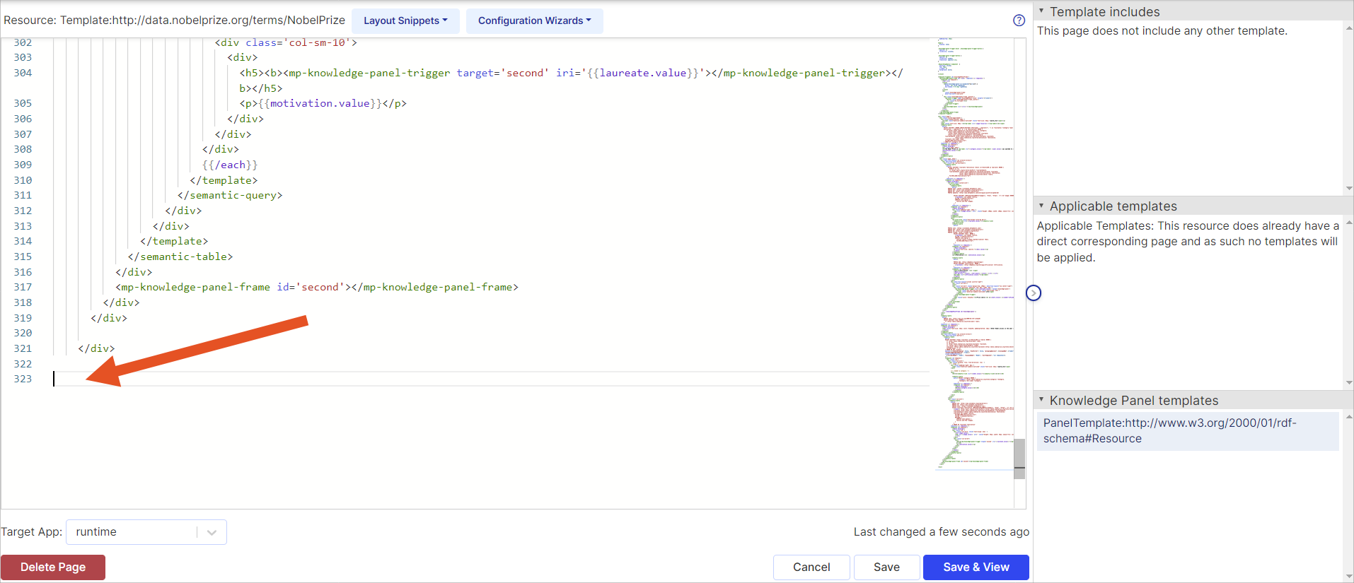 Template page editor, highlighted insert location
