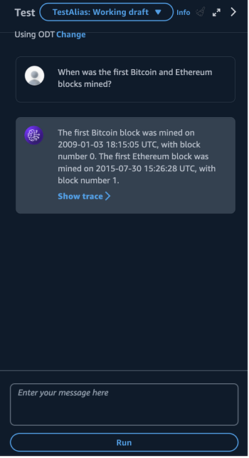 This image shows a sample prompt and response from the Amazon Bedrock Agent.