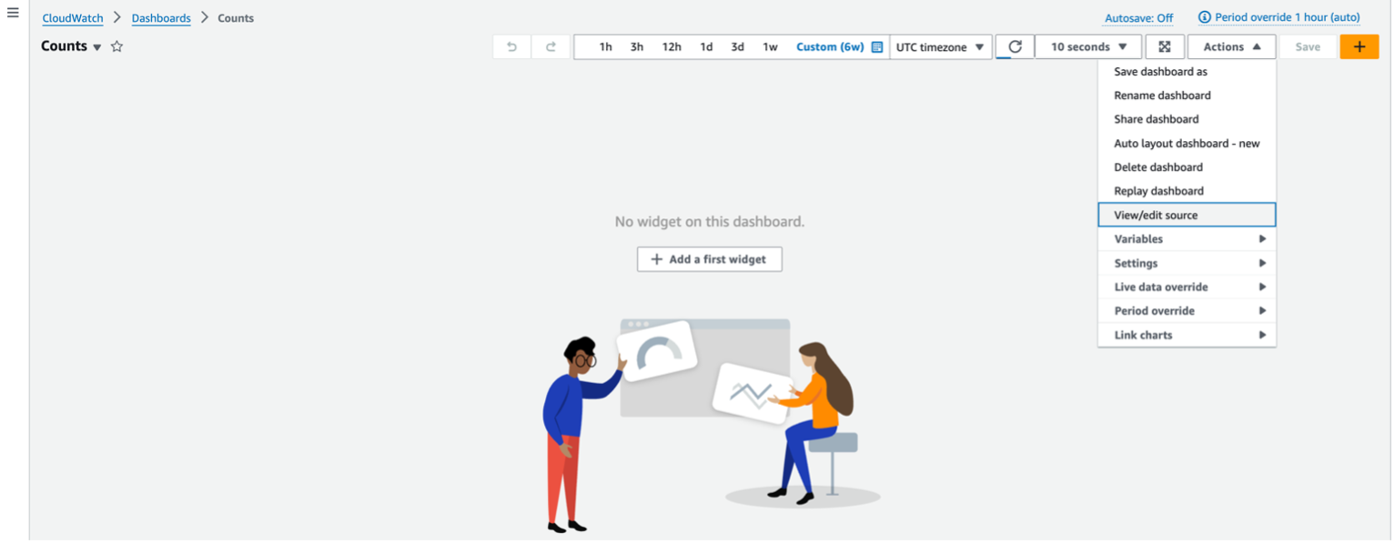 CloudWatch dashboards View/edit source selection menu item