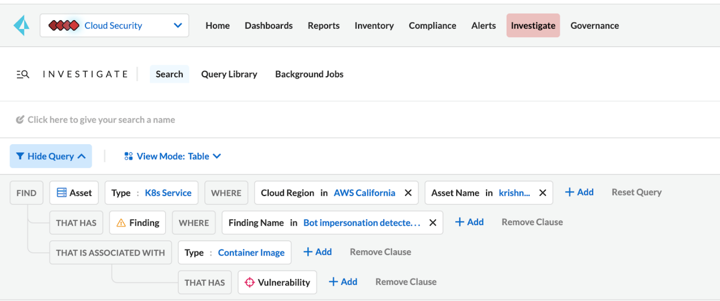 Screenshot from Prisma Cloud showing the query editor with a rule to find Bot Impersonation findings associated with Container Images having a Vulnerability.