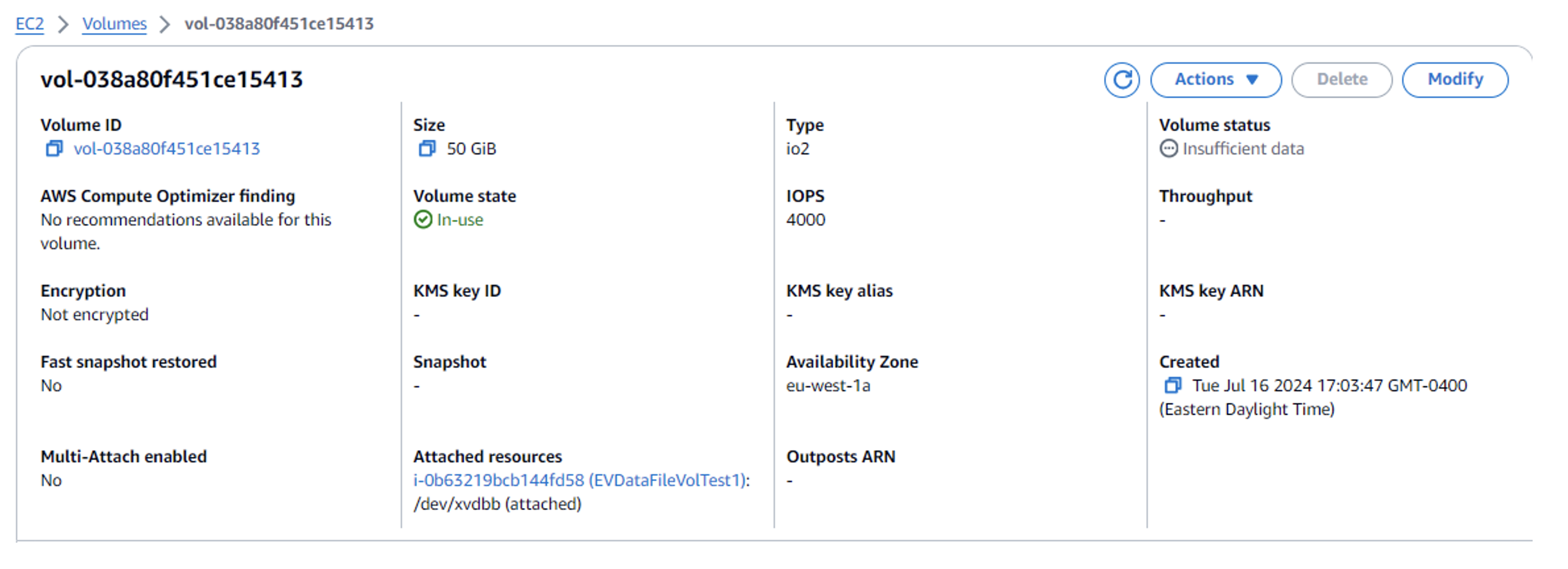 Console screenshot verifying the 30GB volume size