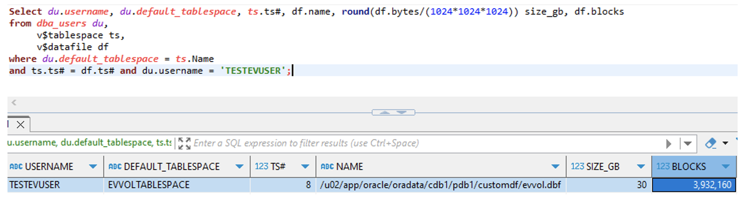 Screenshot verifying the size and location