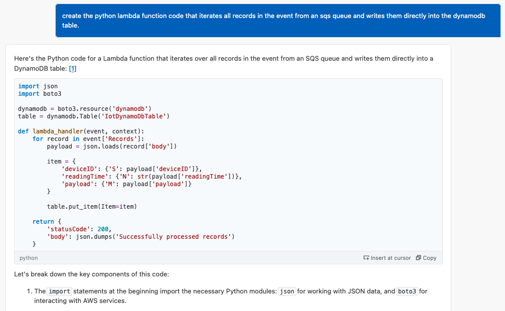 Amazon Q Developer chat interaction