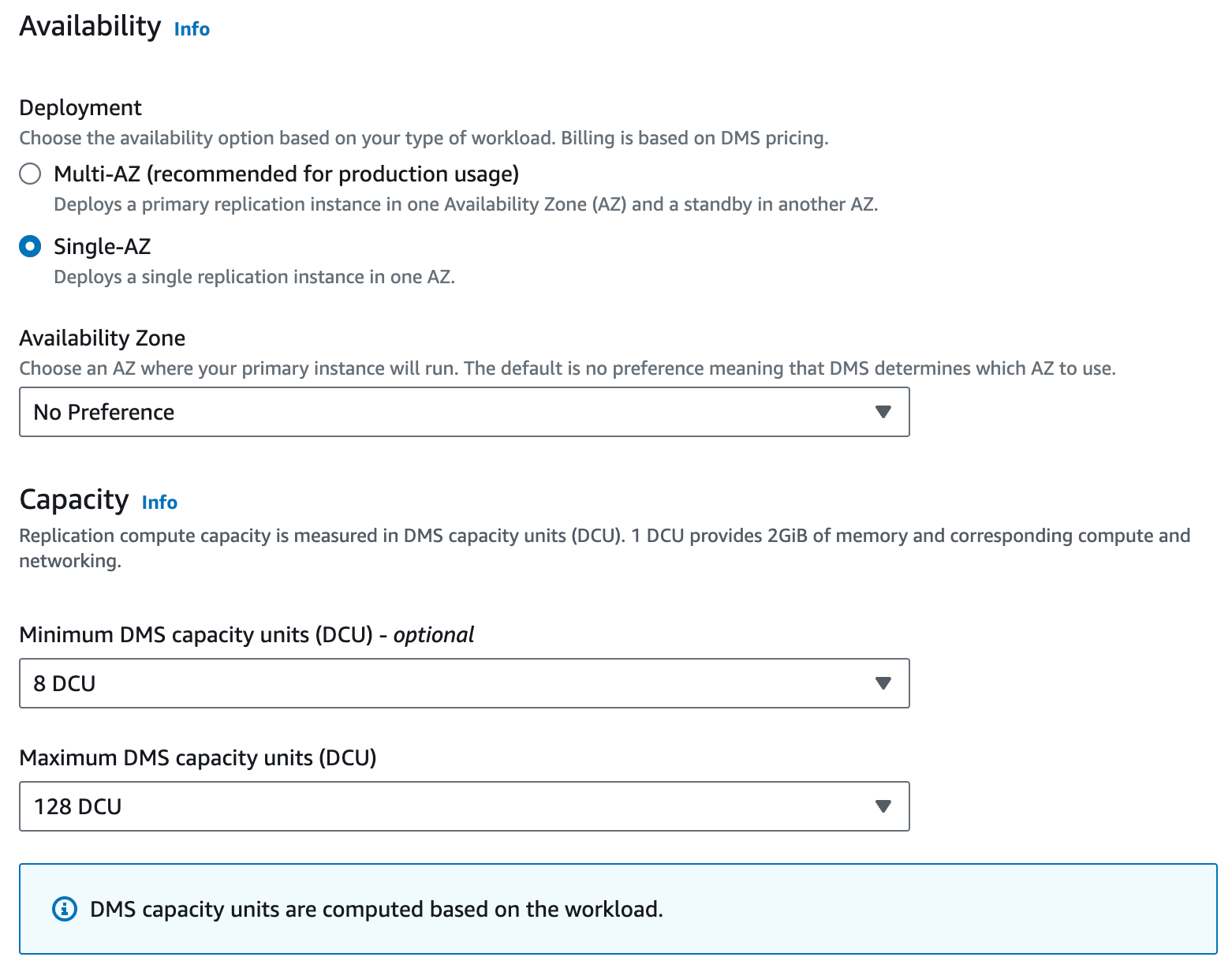 DMS Capacity Units Configuration
