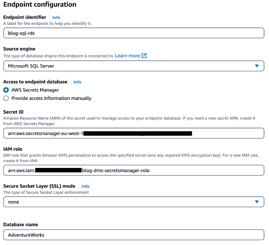 DMS Endpoint Configuration