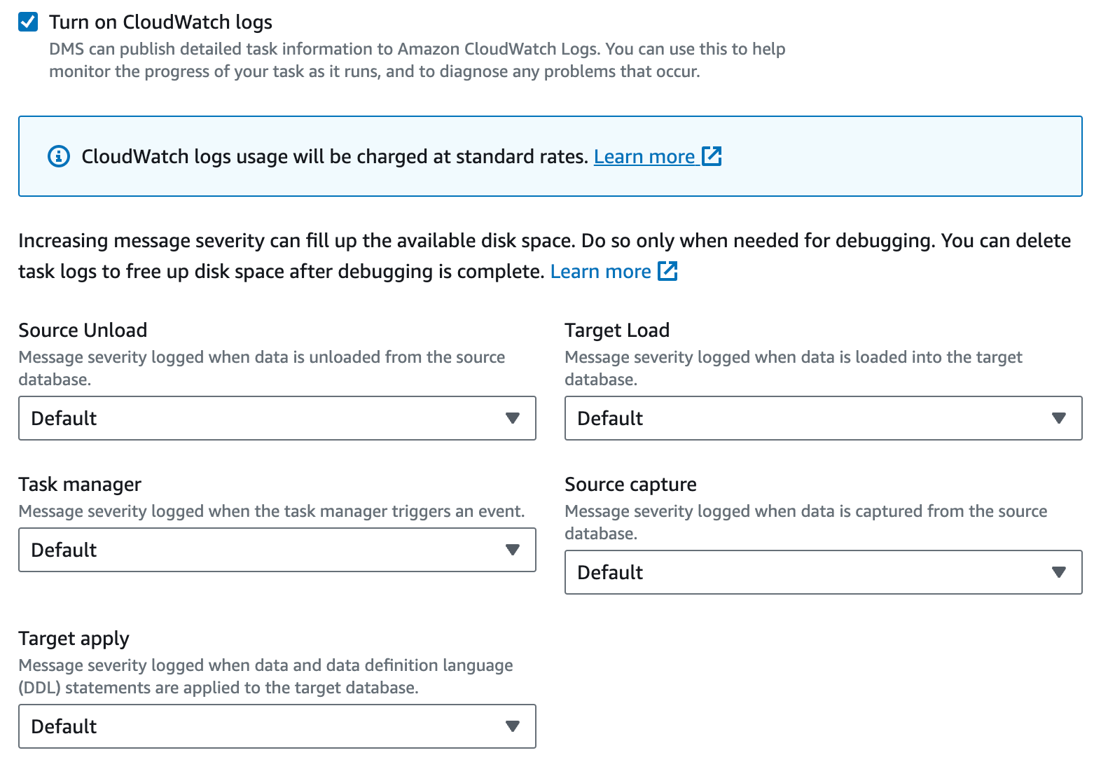 DMS Cloud Watch Logs