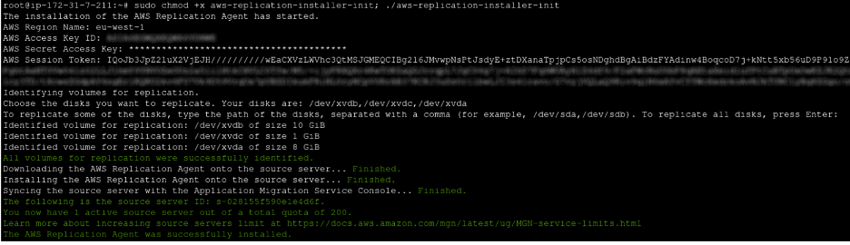 Example screenshot showing the initiation of the sync with the Application migration services console.