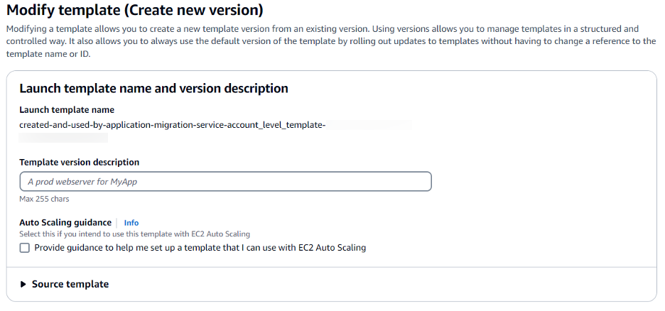 Example screenshot of "Modify template (Create new version)" with fields for template name, version description, and Auto Scaling guidance.