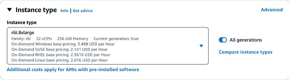 Example screenshot showing the EC2 instance type selection as part of Launch template configuration.