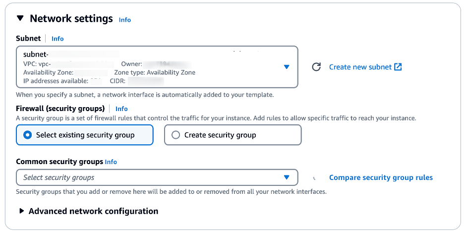 Example screenshot showing the Network settings for the EC2 instance type as part of Launch template configuration.