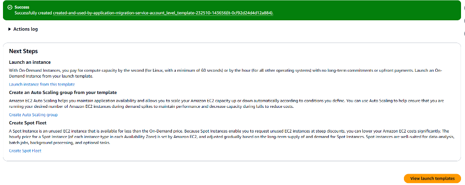 Example screenshot showing the successful creation of launch template and option to view the launch templates page.