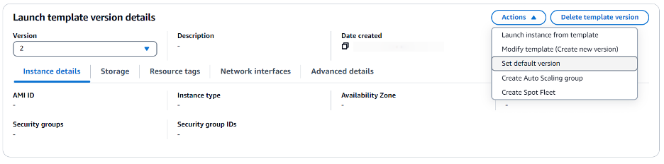 Example screenshot showing the “Launch template version details” page with Set default version selected in Actions dropdown menu