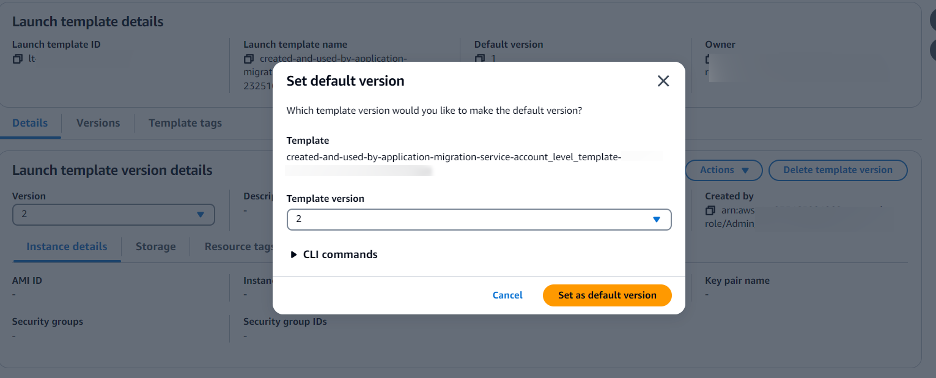 Example screenshot showing the “Set default version” popup window with Template version 2 selected.