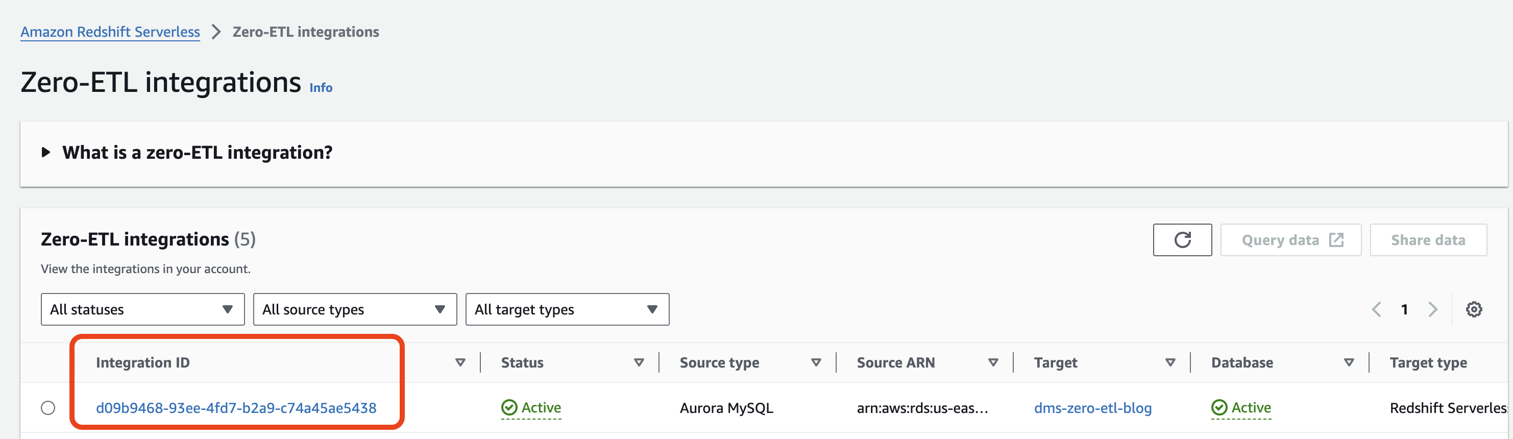Screenshot of AWS Redshift Serverless console website with the Zero-ETL integrations integration ID circled in red.