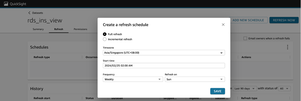 Figure 13. QuickSight Dataset Refresh Schedule