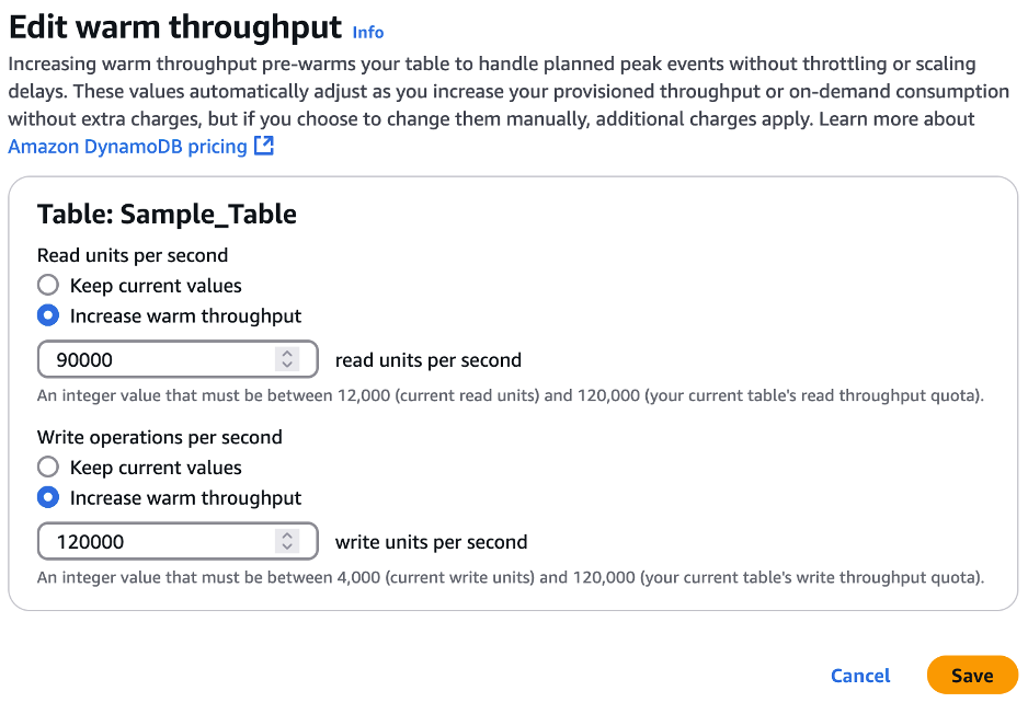 Configure warm throughput
