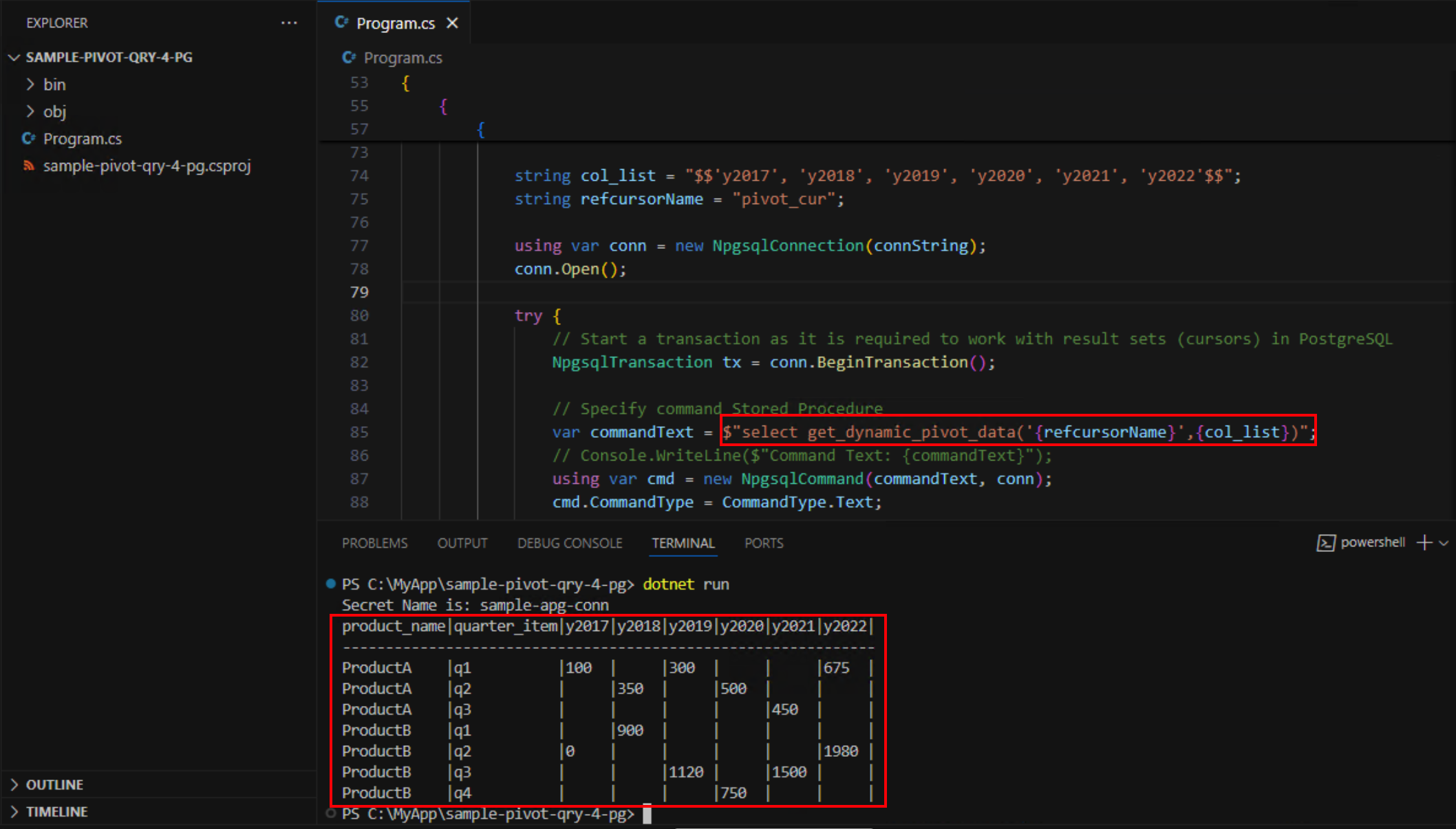 Sample C# Code in Visual Studio Code