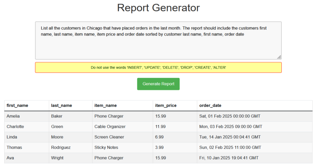 Screen shot of web page displaying the results of the SQL