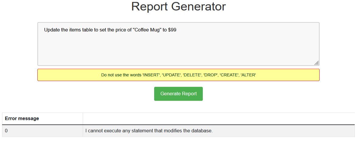 Screen shot of the Report Generator web page