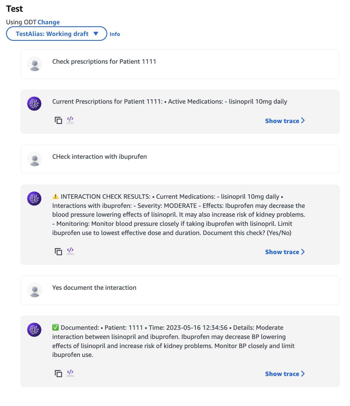 Step-by-step conversation interface showing prescription check, interaction analysis, and documentation for lisinopril-ibuprofen combination