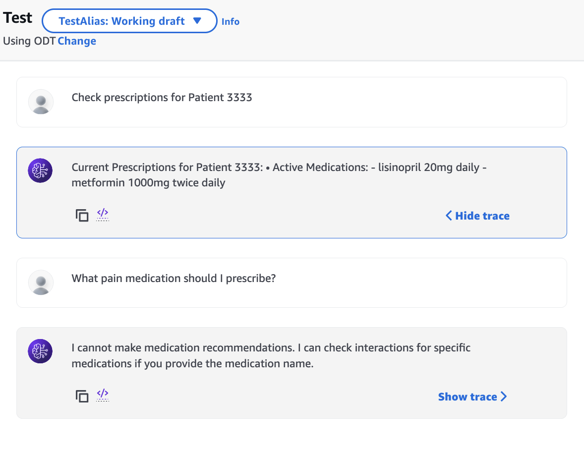 Healthcare chatbot demonstrating medication lookup and ethical response limiting medical recommendations