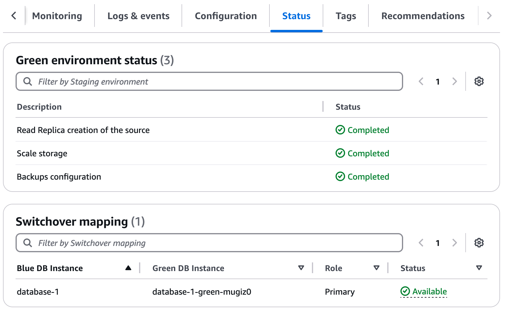 Blue/green deployment status