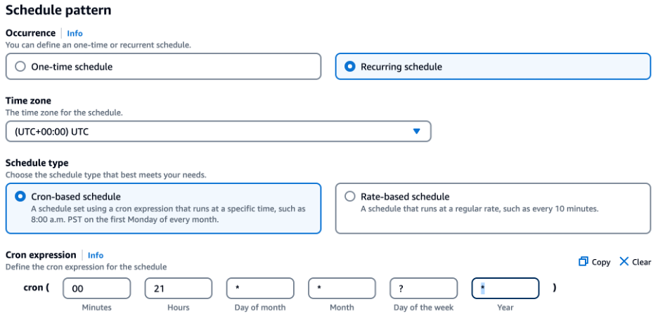 AWS EventBridge schedule configuration interface