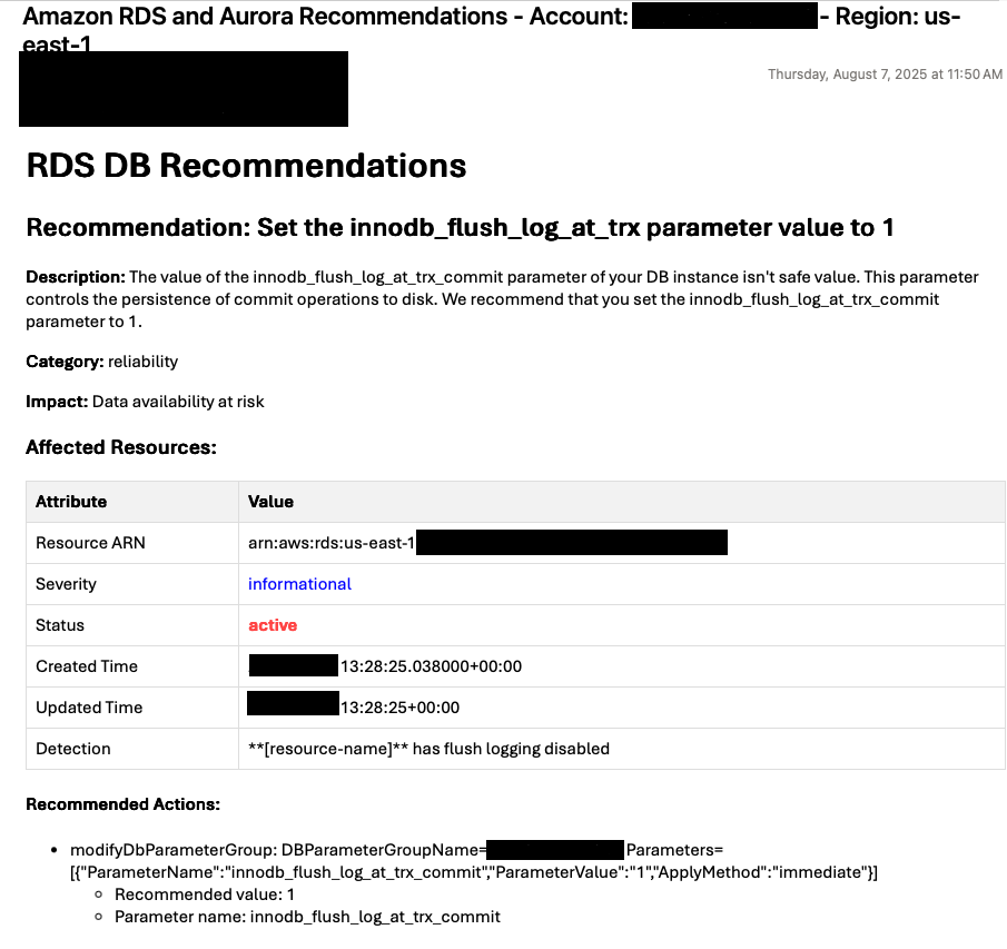 Sample Amazon RDS and Aurora recommendation