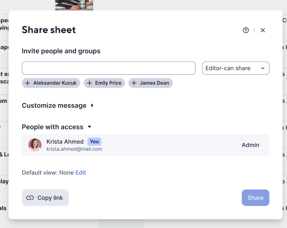 Smartsheet collaborative document sharing interface with admin controls, user invitations, and customizable access settings