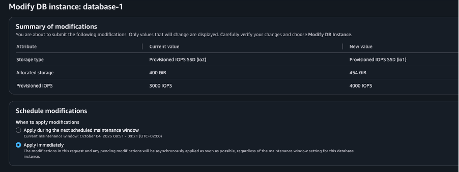 Figure 1: Modifying a database allocated storage to increase performance