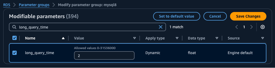 Figure 4: Setting the long_query_time value