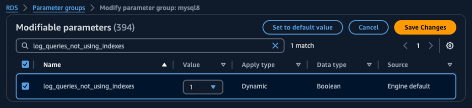 Figure 5: Setting the log_queries_not_using_indexes value