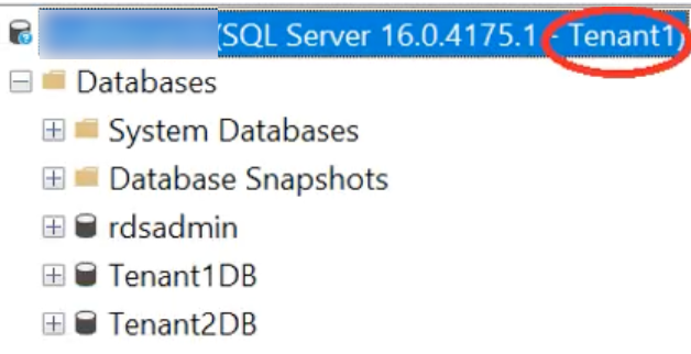 SQL Server Management Studio Object Explorer showing Tenant1 connection to version 16.0.4175.1 with multi-tenant databases including Tenant1DB and Tenant2DB