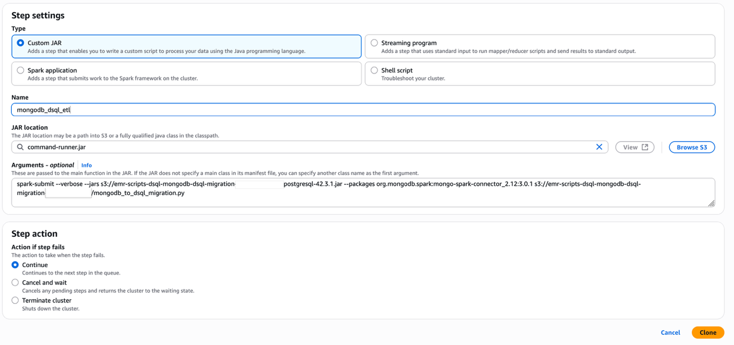 Configuration form for Amazon EMR custom JAR step showing MongoDB to DSQL migration settings with spark-submit arguments, JAR location, and failure action options.