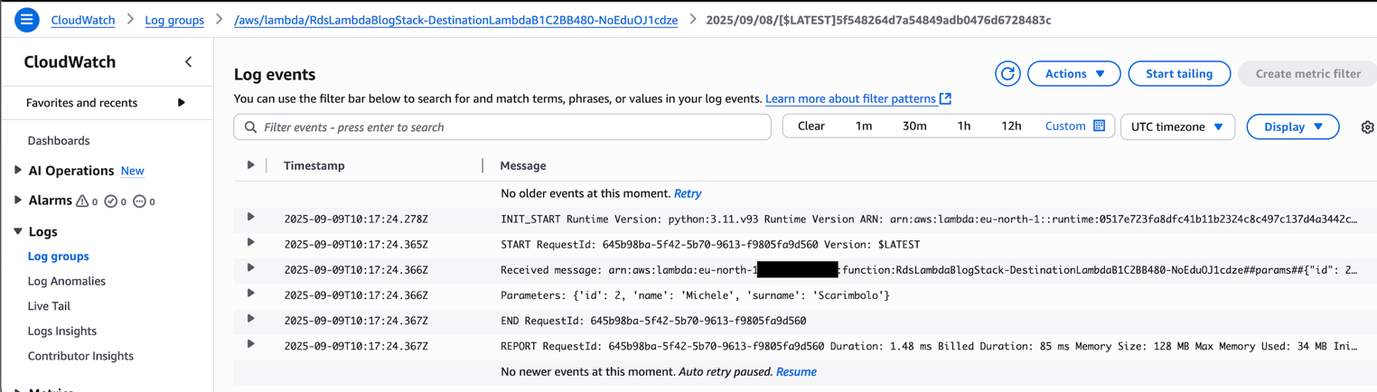 AWS CloudWatch Logs interface displaying Lambda function execution logs with timestamps, performance metrics, and navigation controls for the RdsLambdaBlogStack-DestinationLambda function