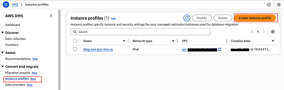 AWS Database Migration Service (DMS) console showing the Instance profiles management page.