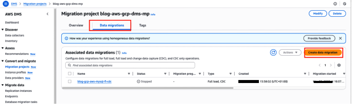 AWS DMS console showing the Data migrations tab for migration project "blog-aws-gcp-dms-mp", with one associated data migration named "blog-gcp-aes-mysql-fl-cdc" in Stopped status, configured for Full load and CDC.