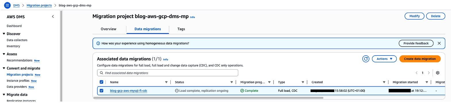 AWS DMS console, Data migrations tab for project blog-aws-gcp-dms-mp. A table lists one associated data migration: name blog-gcp-aws-mysql-ft-cdc, status Load complete replication ongoing, type Full load and CDC, created at 15:58:02 UTC+01:00, migration started at 19:12. Action buttons include Create data migration, Modify, Delete, and Actions. Left navigation includes Dashboard, Discover, Assess, Convert and migrate, and Migrate data sections.