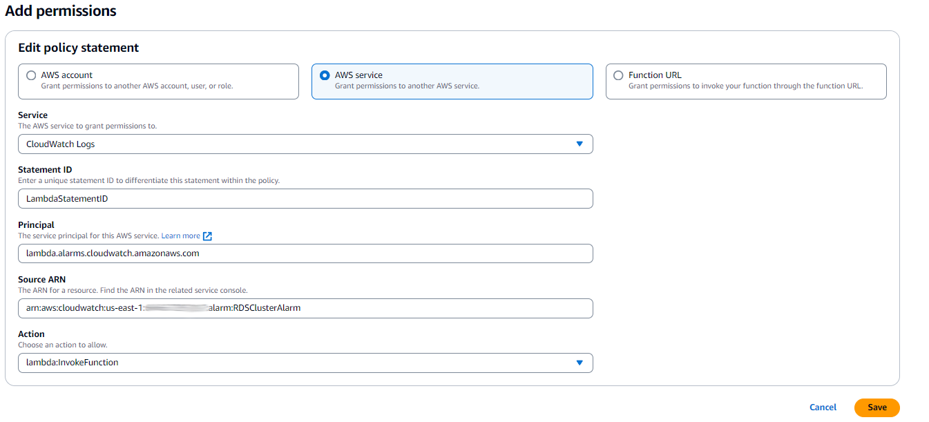  IAM Permissions Editor: Lambda function permissions configuration page showing policy statement editor.