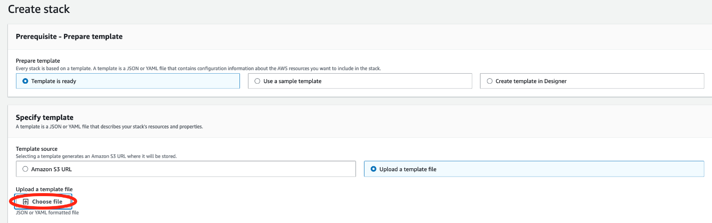 emplate Upload Interface: CloudFormation "Create stack" page showing template preparation options.